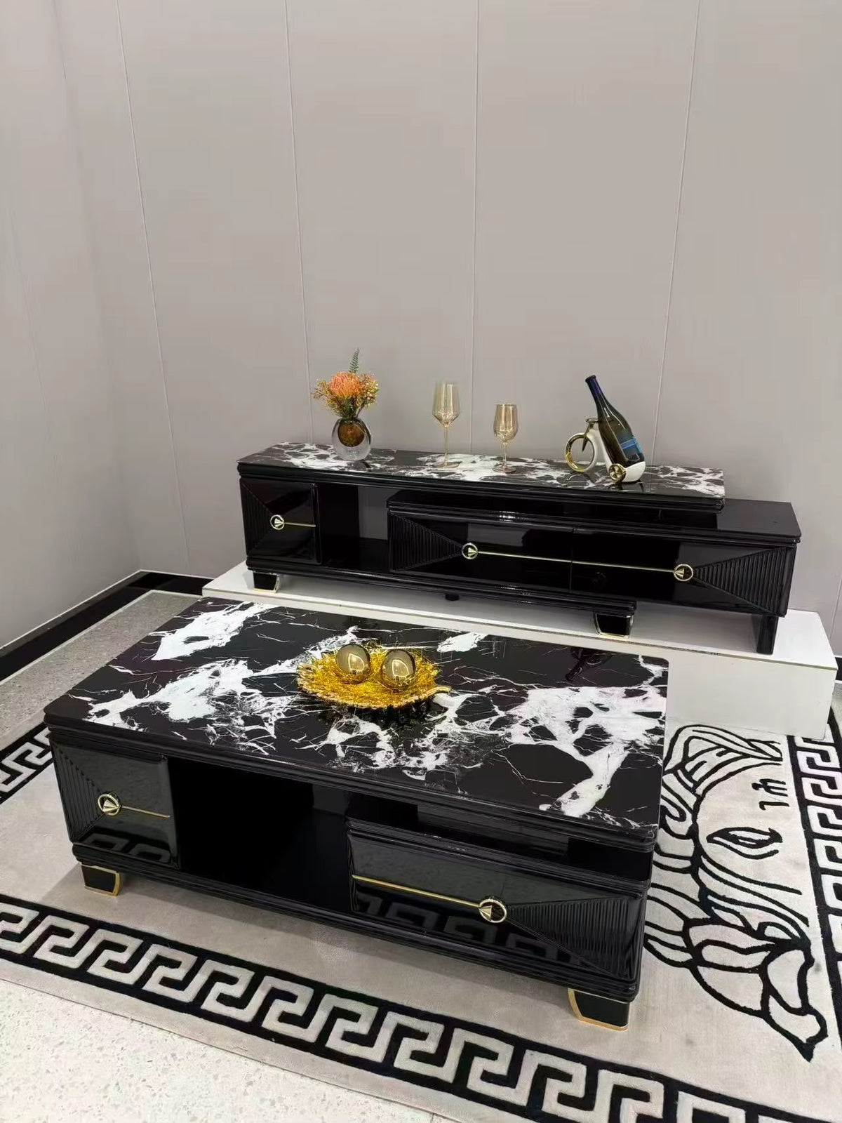 : Meuble TV Moderne Noir Effet Marbre