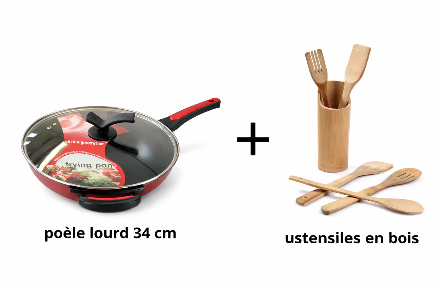 Pack Cuisine Pratique Poêle antiadhésive 34 cm + Ustensiles en bois