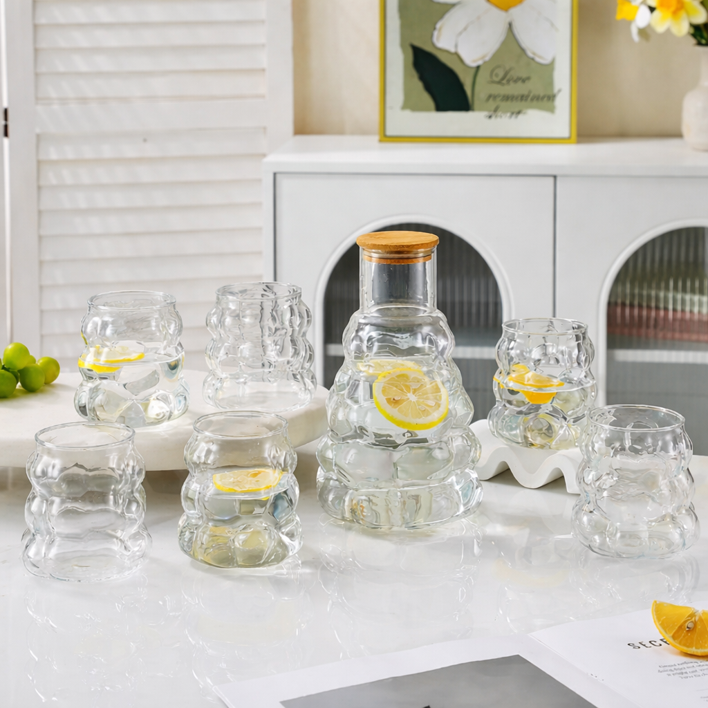 Ensemble carafe en verre 7 pièces – 1 L avec 6 verres assortis
