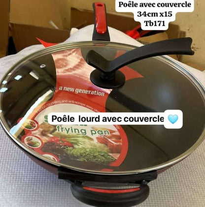 Poêle Lourde Antiadhésive avec Couvercle en Verre 34 CM